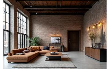 Grand loft industriel avec mobilier contemporain